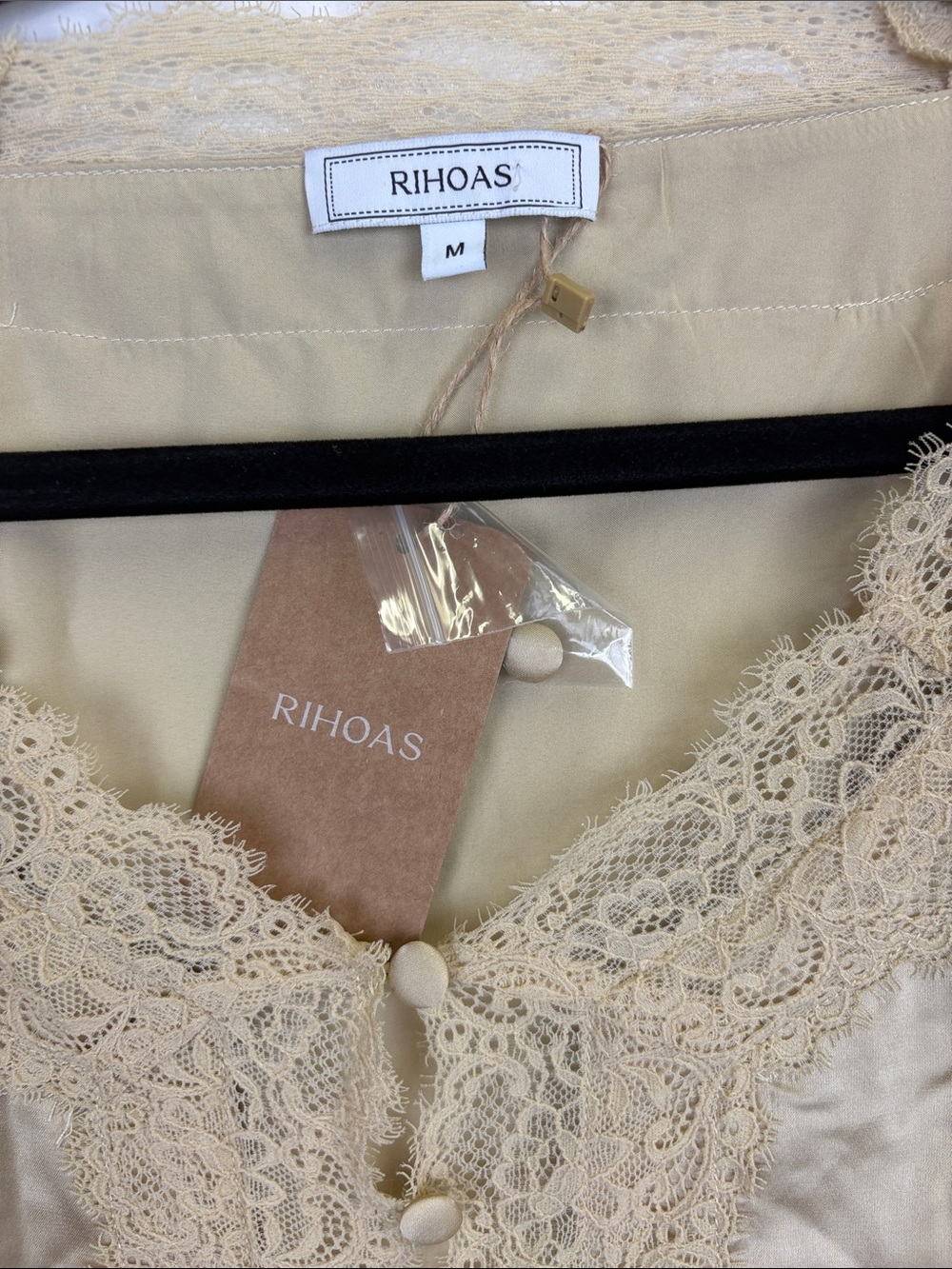 Rihoas Apricot Satin Lace Mini Dress Medium NWT V Neck Cottagecore Romantic - Picture 6 of 12